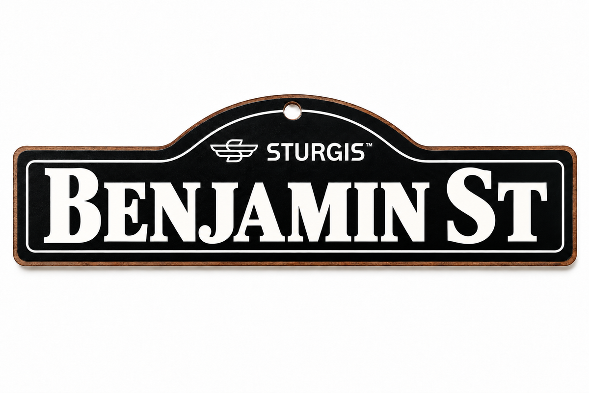 Illustrative mockup: Benjamin St Sturgis wooden name sign in black and white