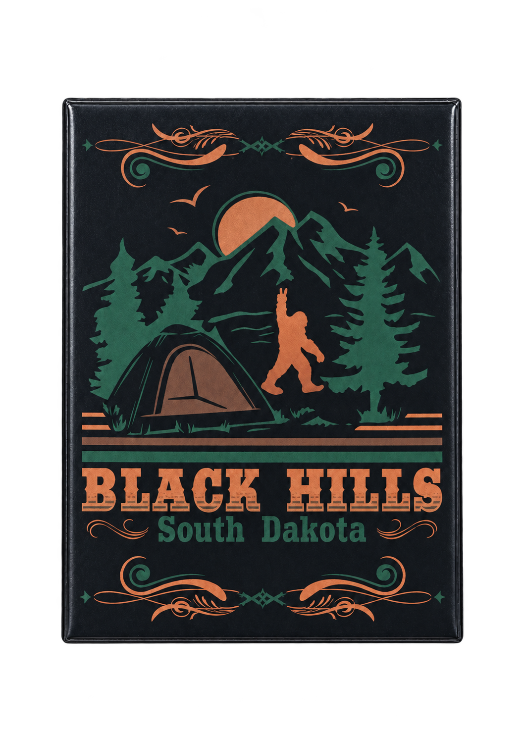 Black Hills Bigfoot Camping Souvenir Magnet, straight front view with background removed