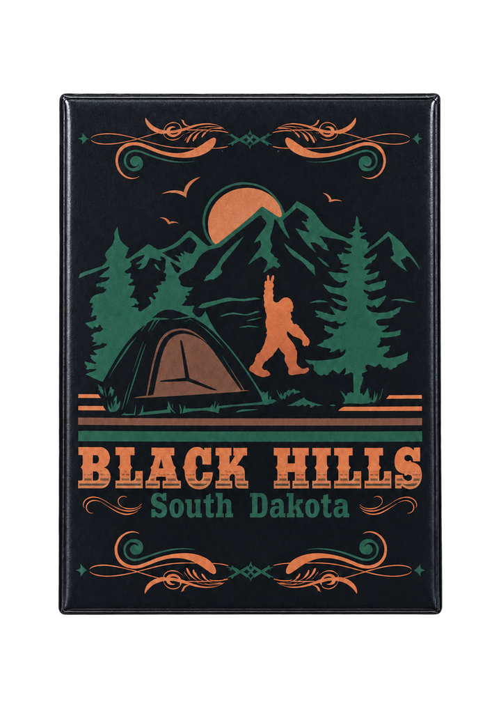 Black Hills Bigfoot Camping Souvenir Magnet, straight front view with background removed