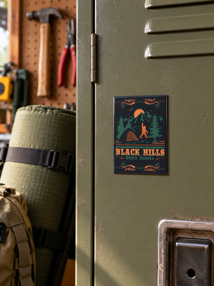 Black Hills Bigfoot Camping Souvenir Magnet, displayed on an olive steel locker in a home garage