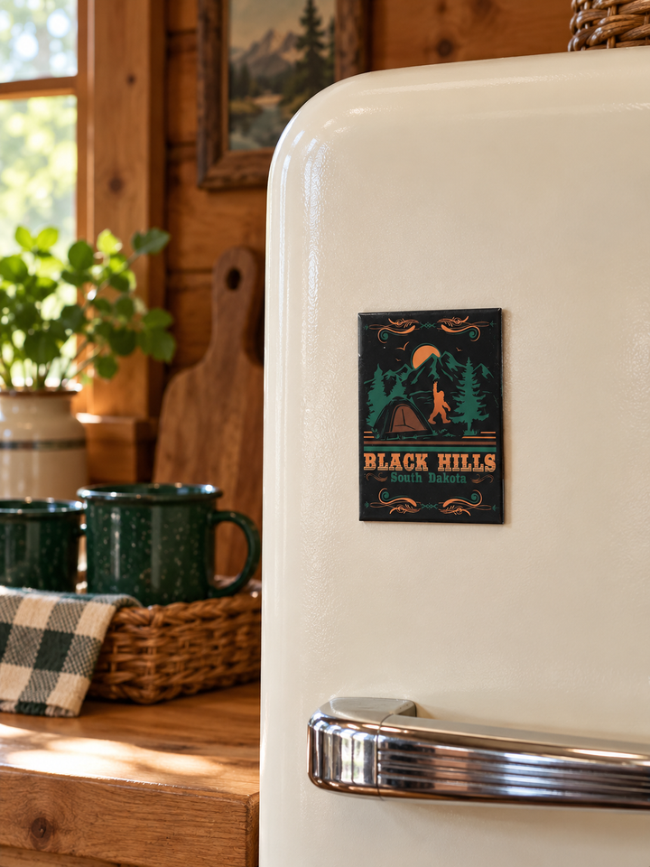 Black Hills Bigfoot Camping Souvenir Magnet, displayed on an ivory refrigerator in a cabin kitchen