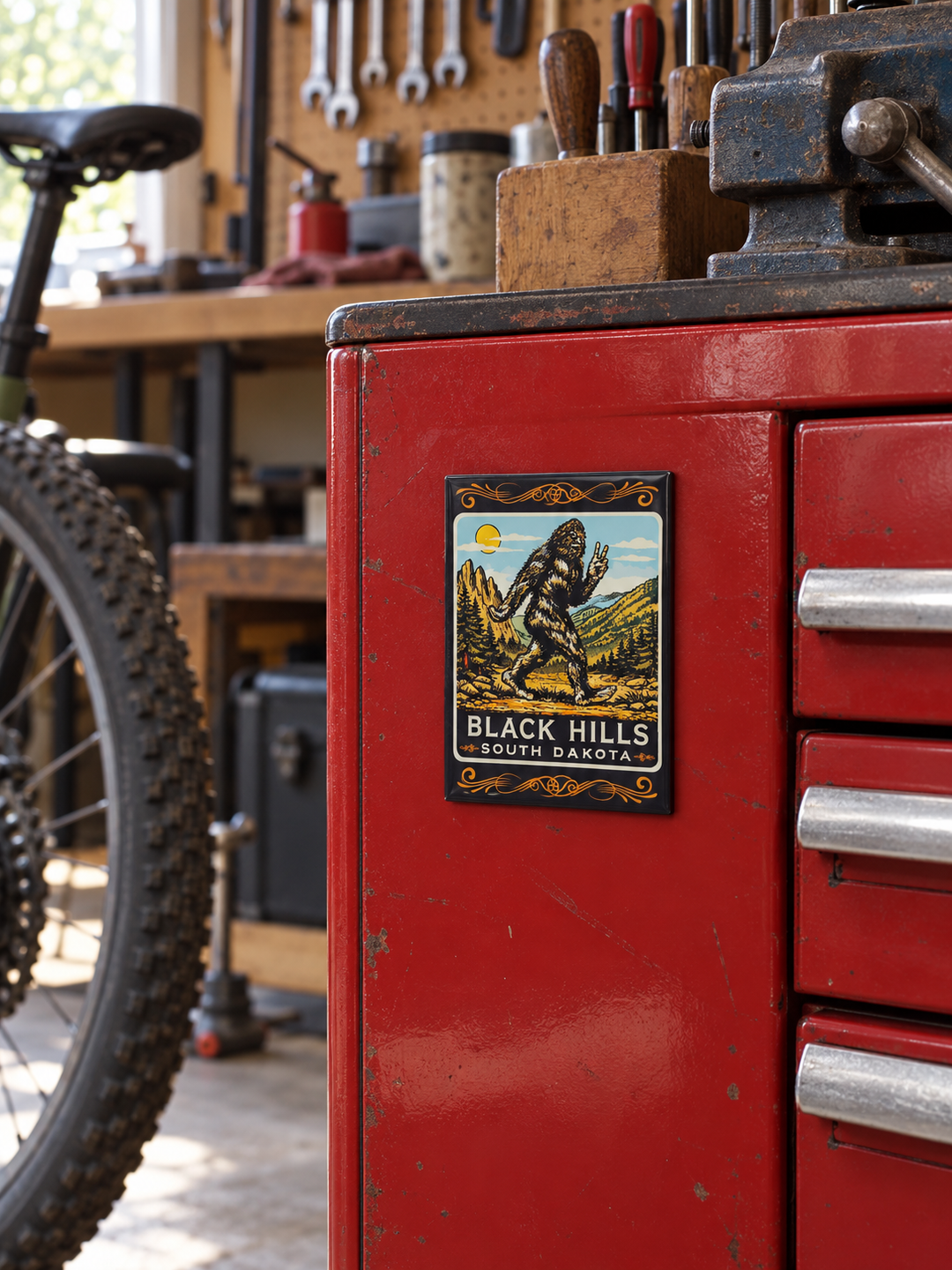 Black Hills Bigfoot Peace Sign Magnet – South Dakota, displayed on a steel tool cabinet in a home garage