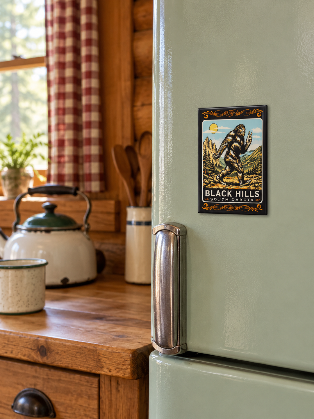Black Hills Bigfoot Peace Sign Magnet – South Dakota, displayed on a magnetic refrigerator in a vintage kitchen