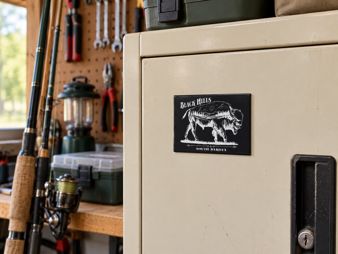 Black Hills Scenic Bison Souvenir Magnet – South Dakota, displayed on a steel tool cabinet in a home garage