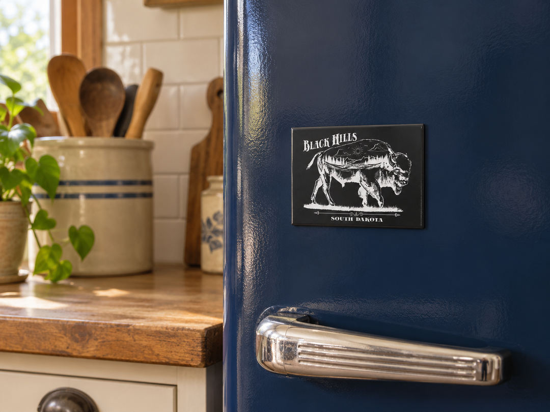 Black Hills Scenic Bison Souvenir Magnet – South Dakota, displayed on a magnetic refrigerator in a vintage kitchen