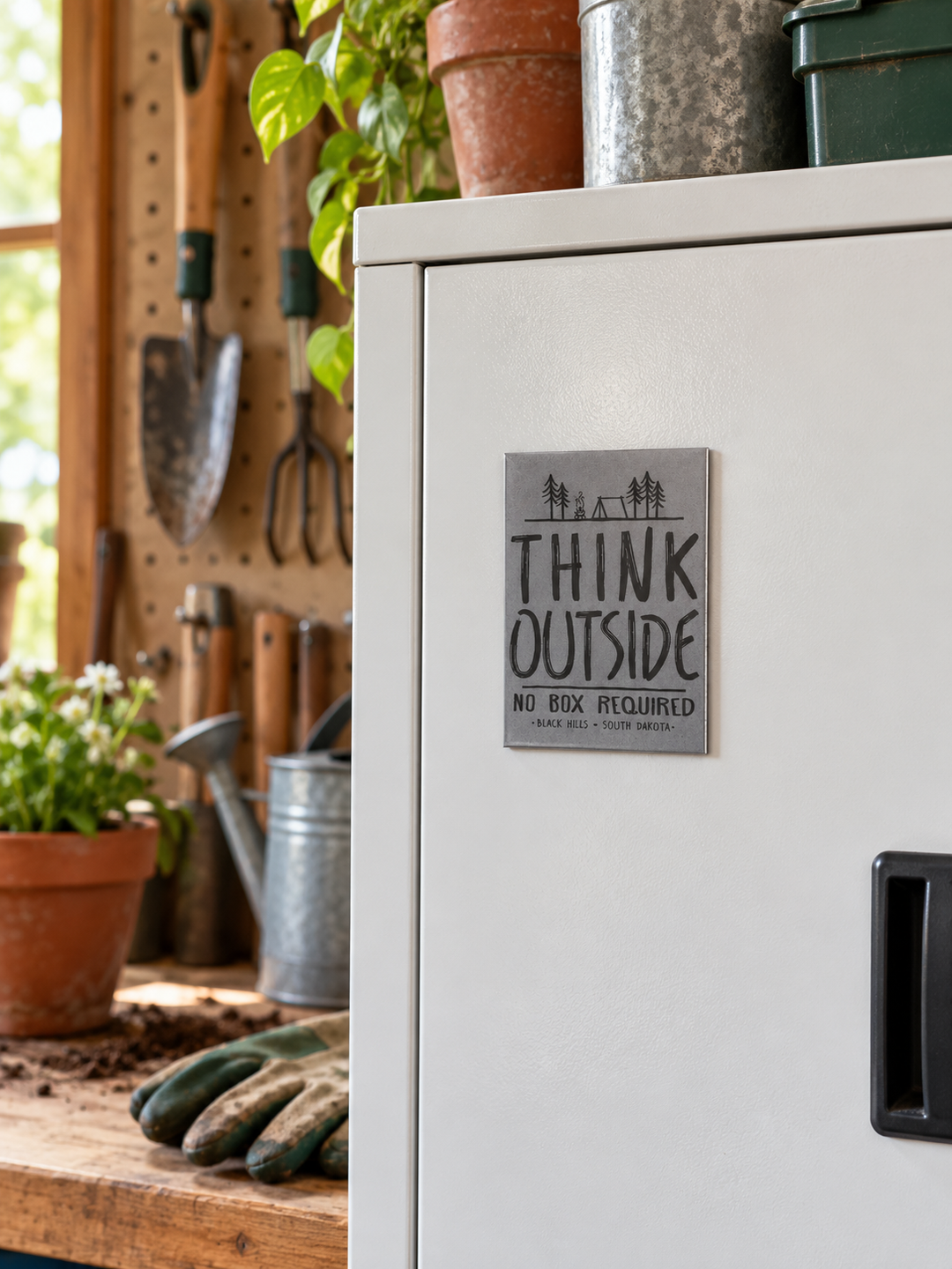 Think Outside Black Hills Camping Magnet – No Box Required, displayed on a steel cabinet in a home garage