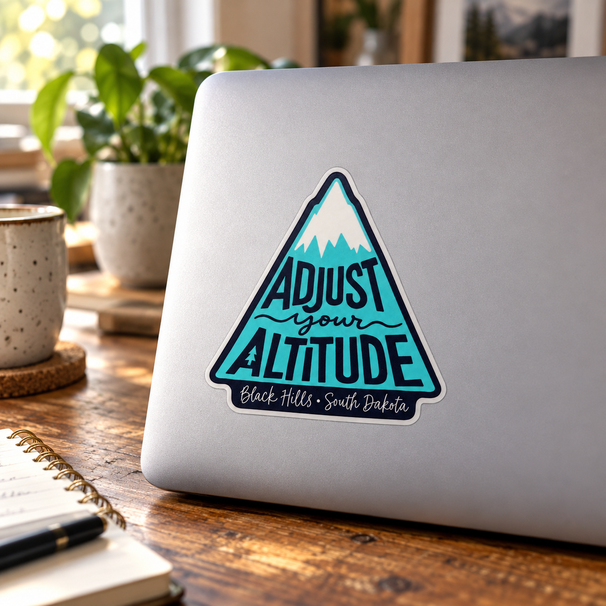 Black Hills Adjust Your Altitude Mountain Sticker on a laptop — lifestyle mockup