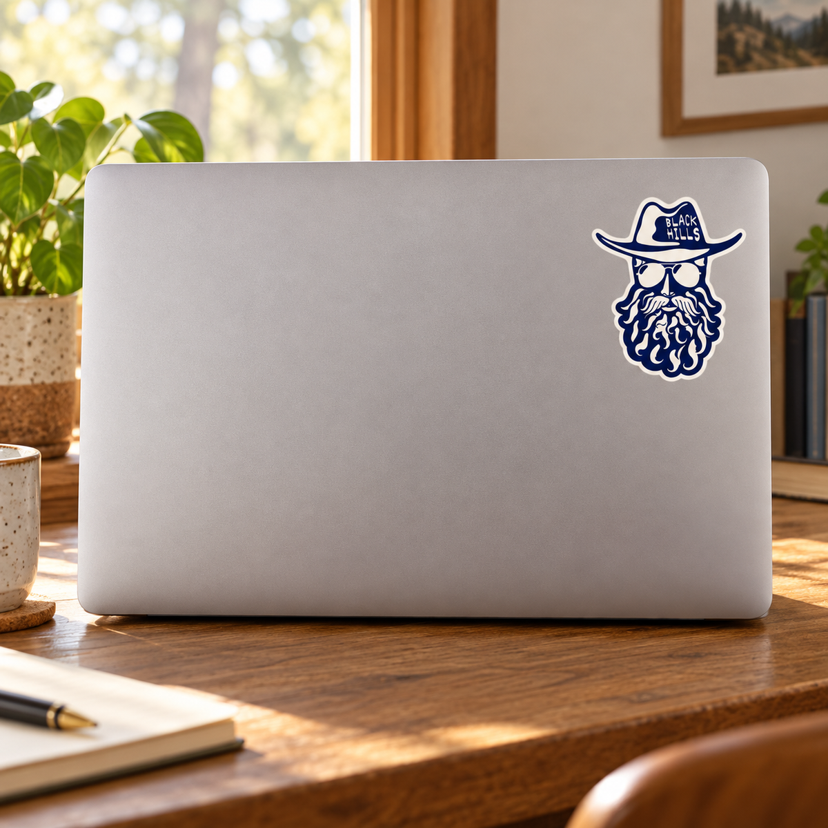 Black Hills Bearded Cowboy Sunglasses Sticker on a laptop cover — realistic scale lifestyle display; accessories not included