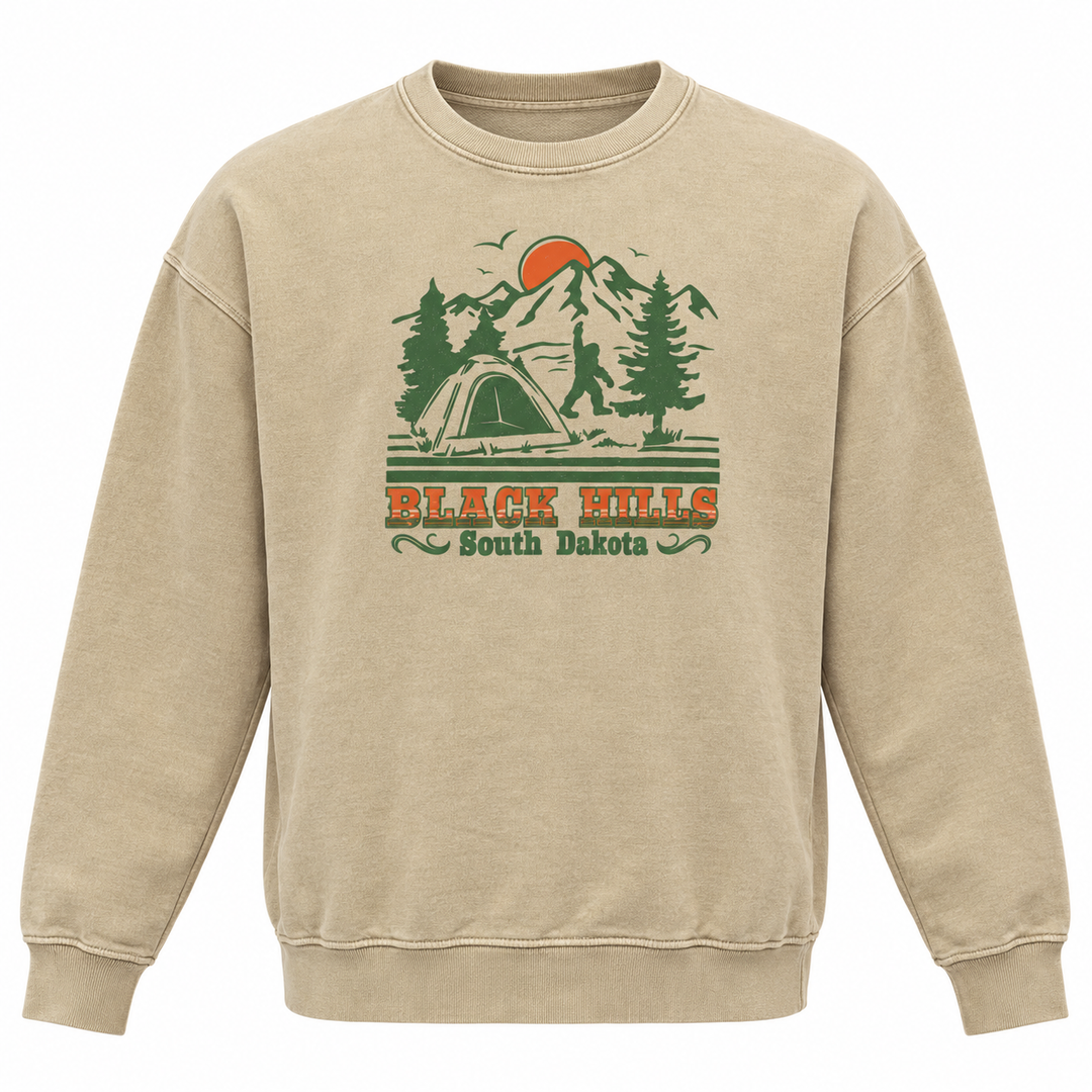 Black Hills Bigfoot camping crewneck sweatshirt in Washed Dust beige, front