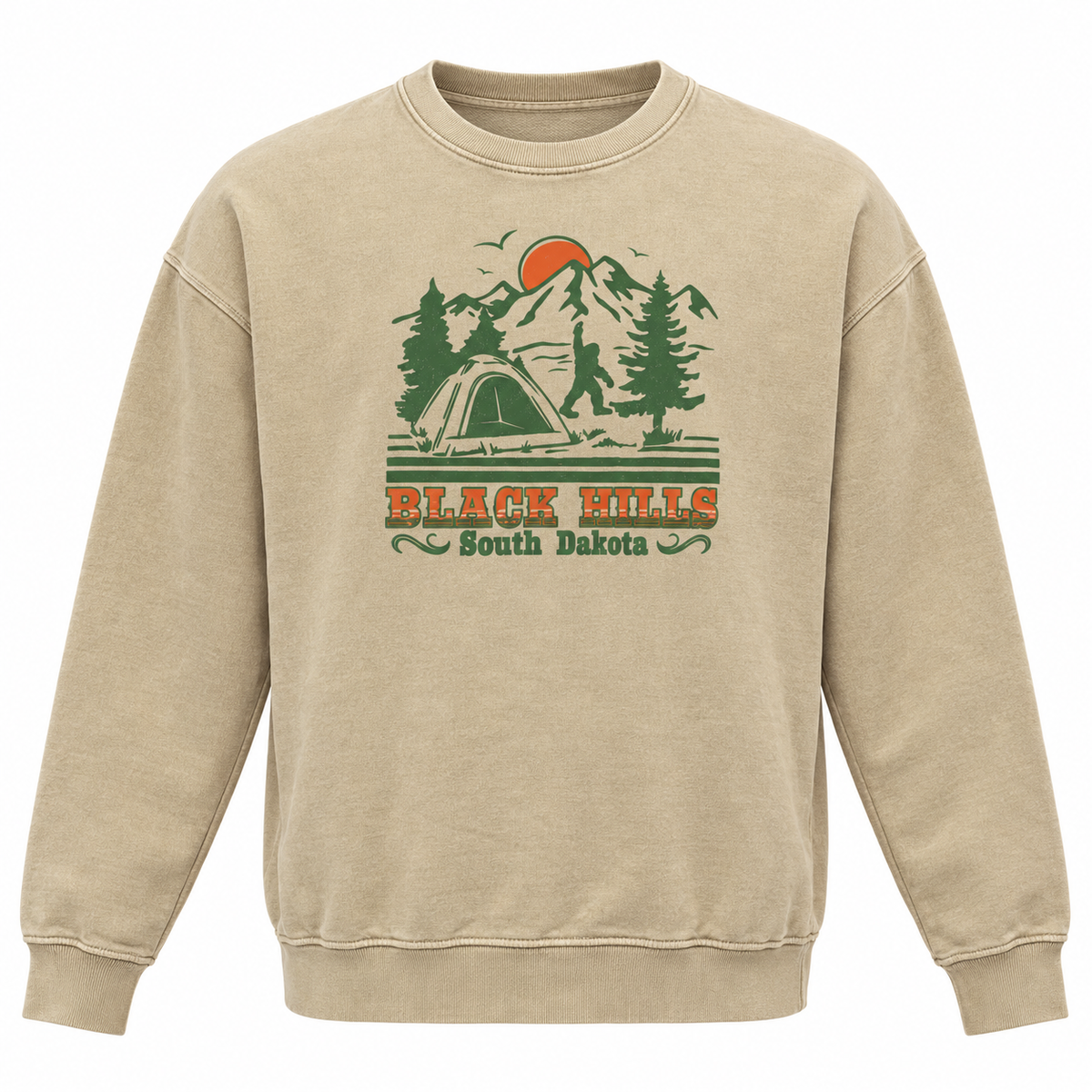 Black Hills Bigfoot camping crewneck sweatshirt in Washed Dust beige, front