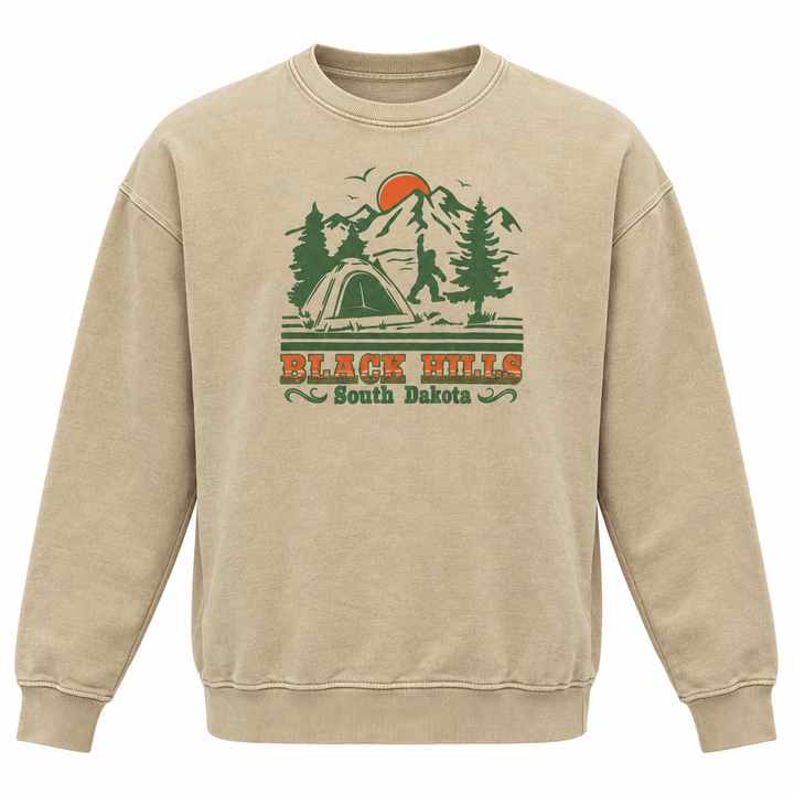 Black Hills Bigfoot camping crewneck sweatshirt in Washed Dust beige, front