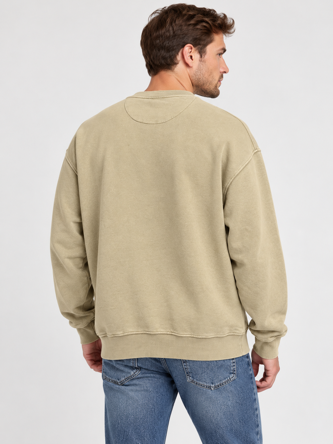 AI-generated model wearing Washed Dust Black Hills Bigfoot crewneck, plain back
