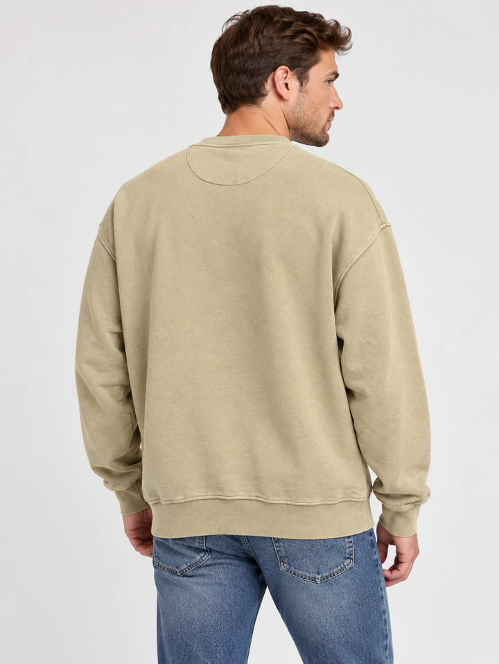 AI-generated model wearing Washed Dust Black Hills Bigfoot crewneck, plain back