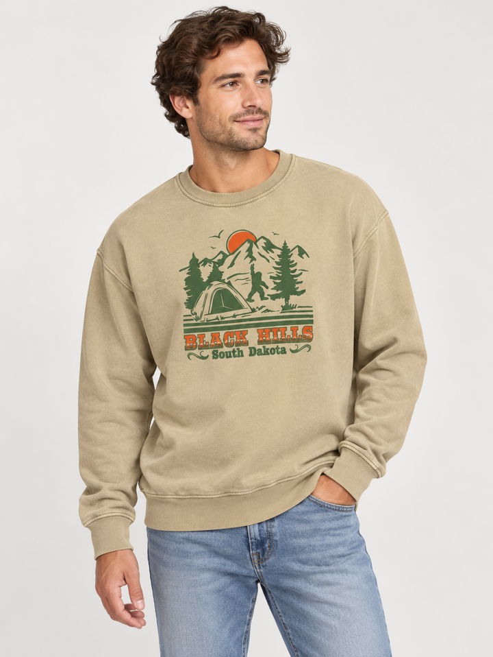 AI-generated model wearing Washed Dust Black Hills Bigfoot camping crewneck, front