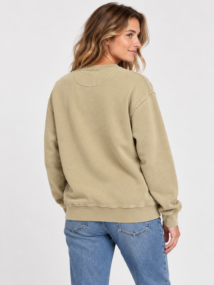 AI-generated female model wearing unisex Black Hills Bigfoot crewneck, plain back