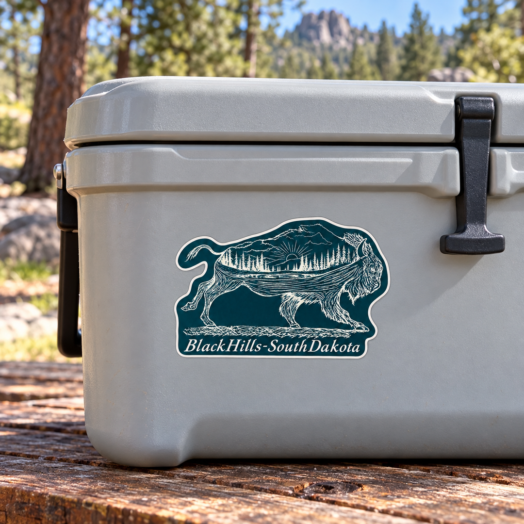 Black Hills Bison Landscape Silhouette Sticker on a cooler — lifestyle display mockup