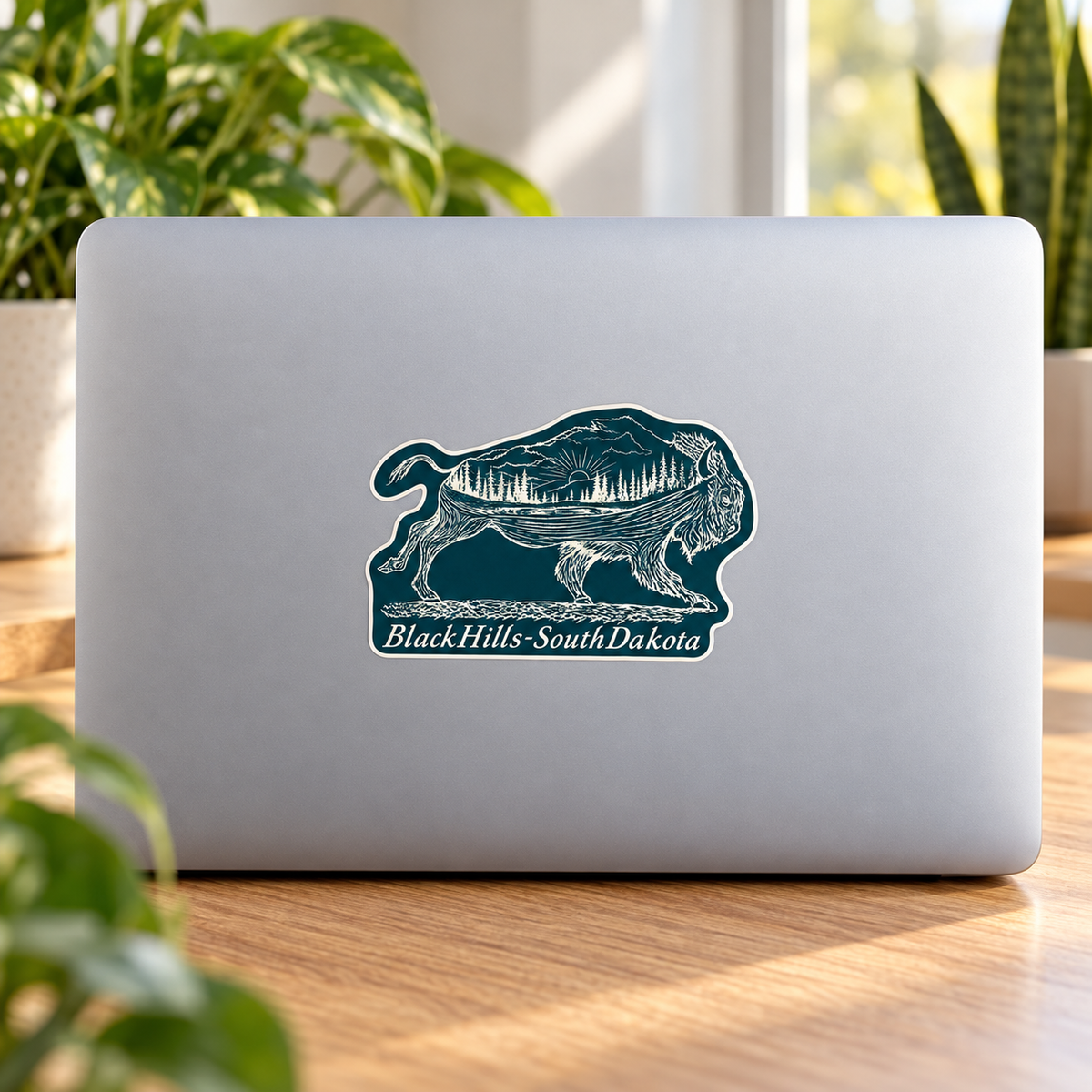 Black Hills Bison Landscape Silhouette Sticker on a laptop — lifestyle display mockup