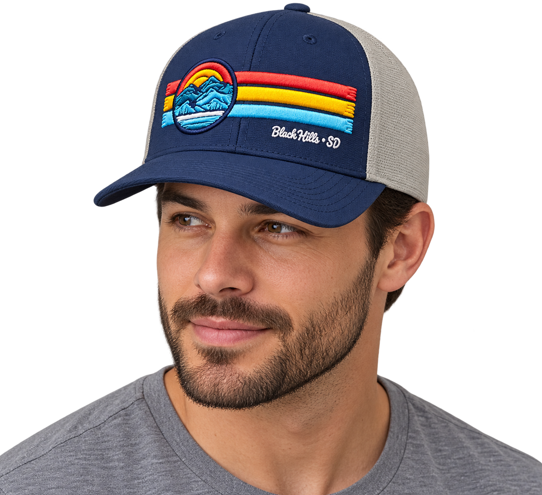 Man wearing Black Hills retro mountain raised embroidery hat