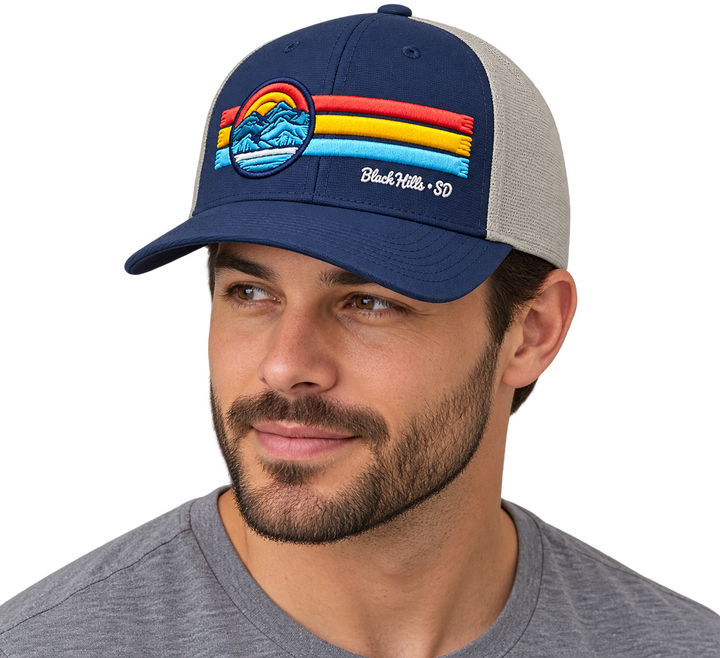 Man wearing Black Hills retro mountain raised embroidery hat
