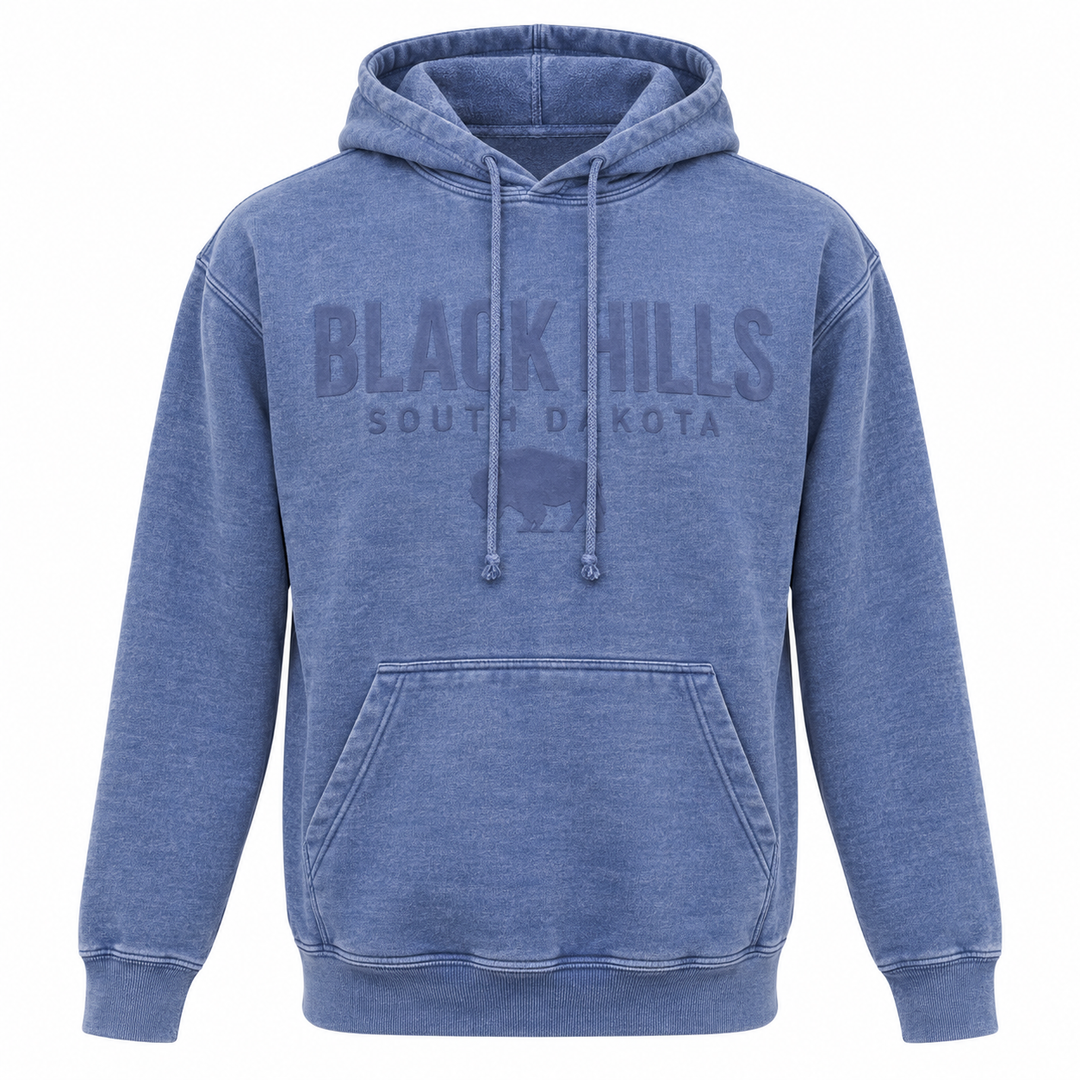 Blue Black Hills Burnout Hoodie with tonal soft applique lettering and buffalo