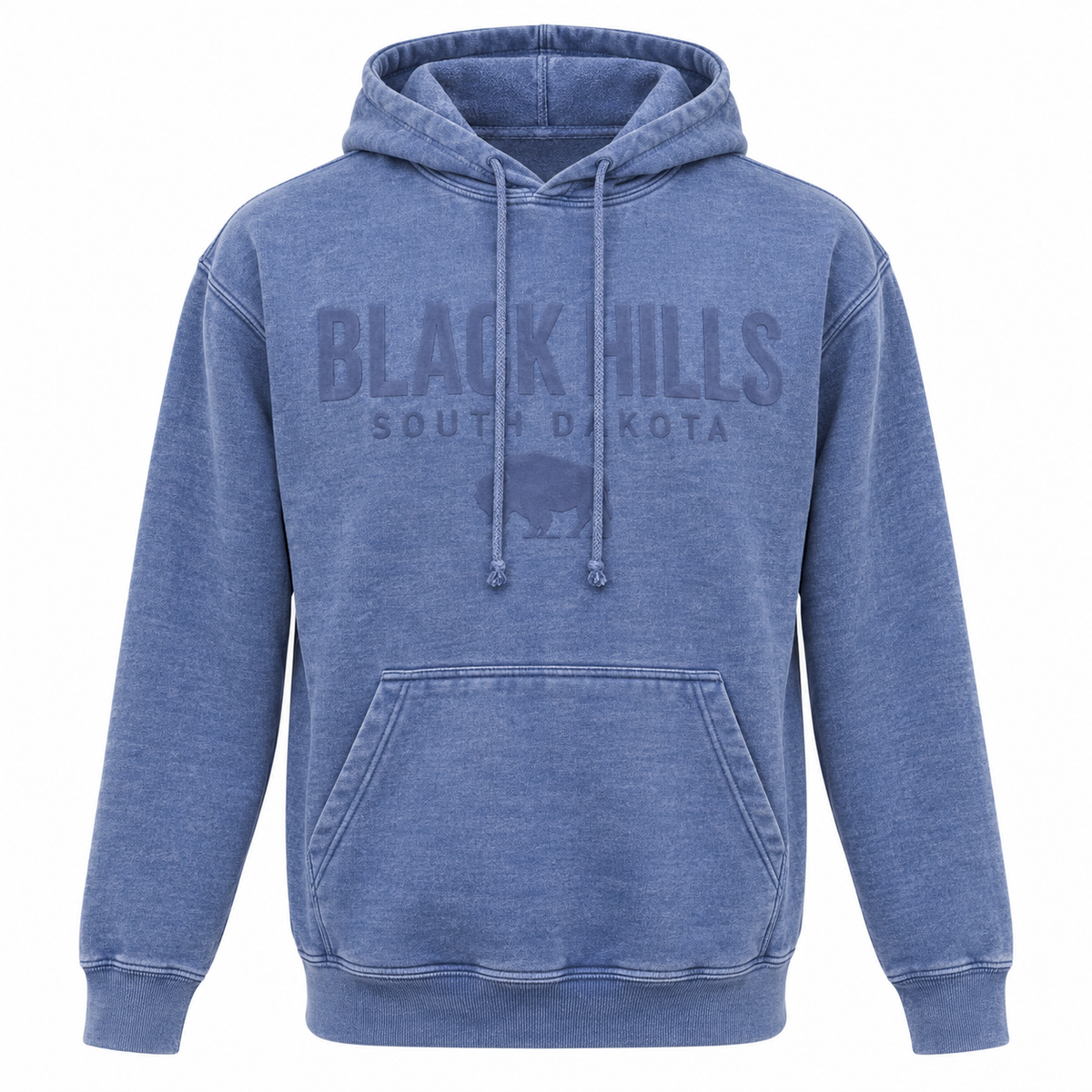 Blue Black Hills Burnout Hoodie with tonal soft applique lettering and buffalo