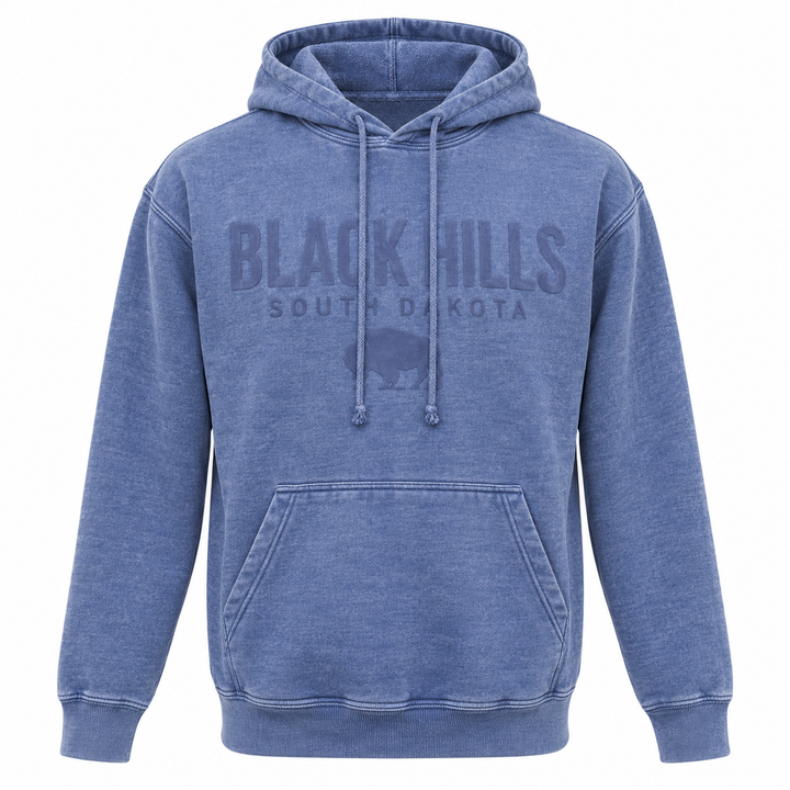 Blue Black Hills Burnout Hoodie with tonal soft applique lettering and buffalo