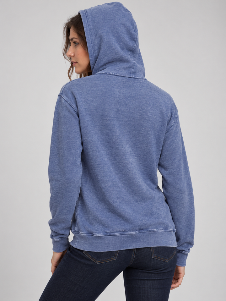 AI-generated model wearing blue Black Hills Burnout Hoodie, rear with hood up