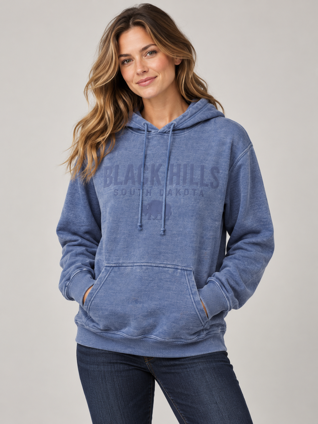 AI-generated model wearing blue Black Hills Burnout Hoodie, front