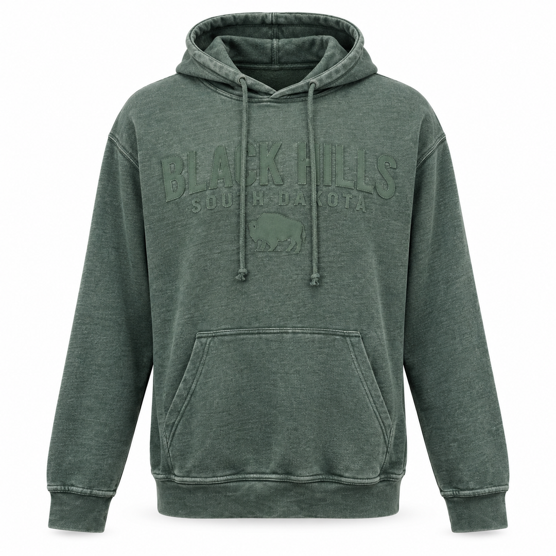 Green Black Hills Burnout Hoodie with soft tonal applique lettering and buffalo