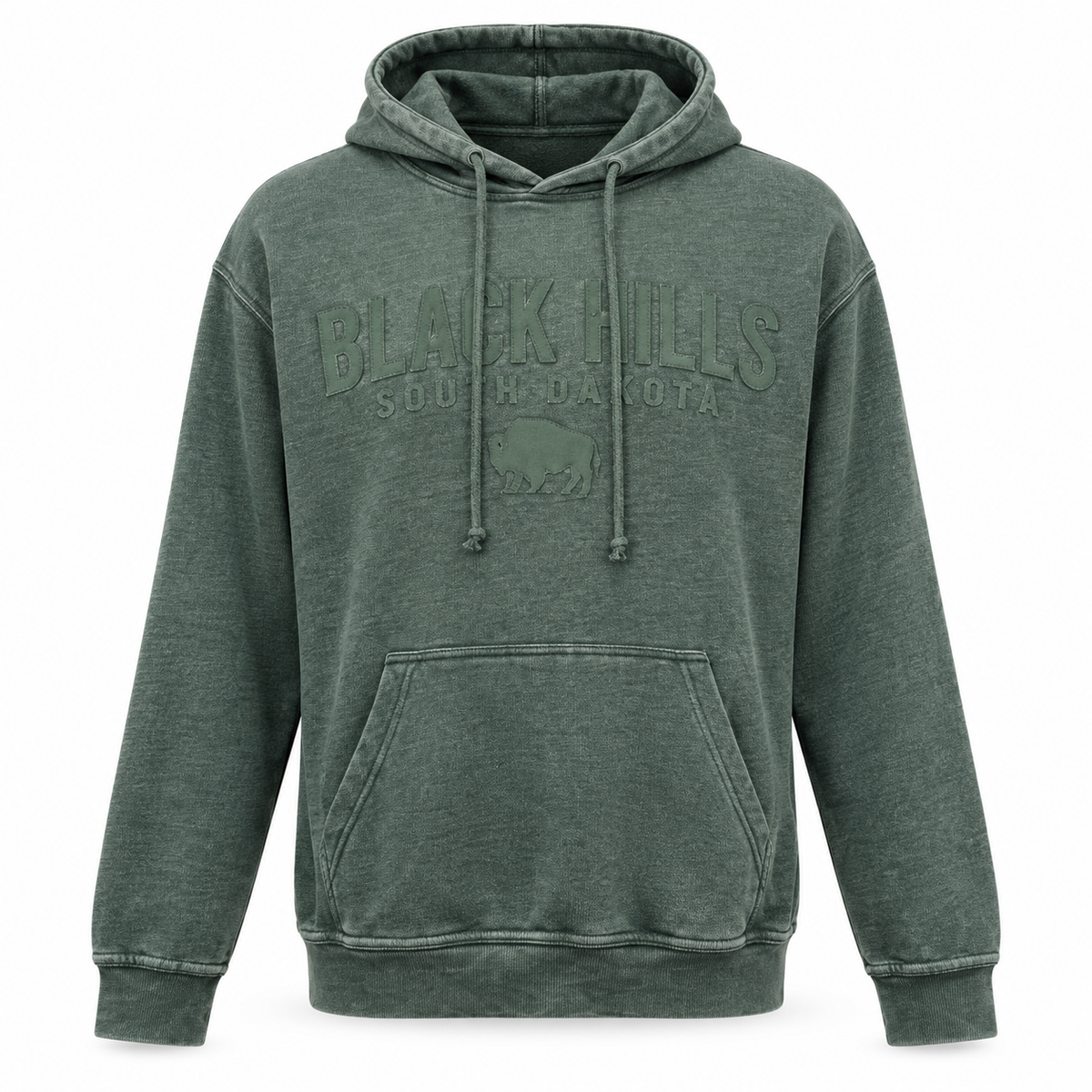 Green Black Hills Burnout Hoodie with soft tonal applique lettering and buffalo