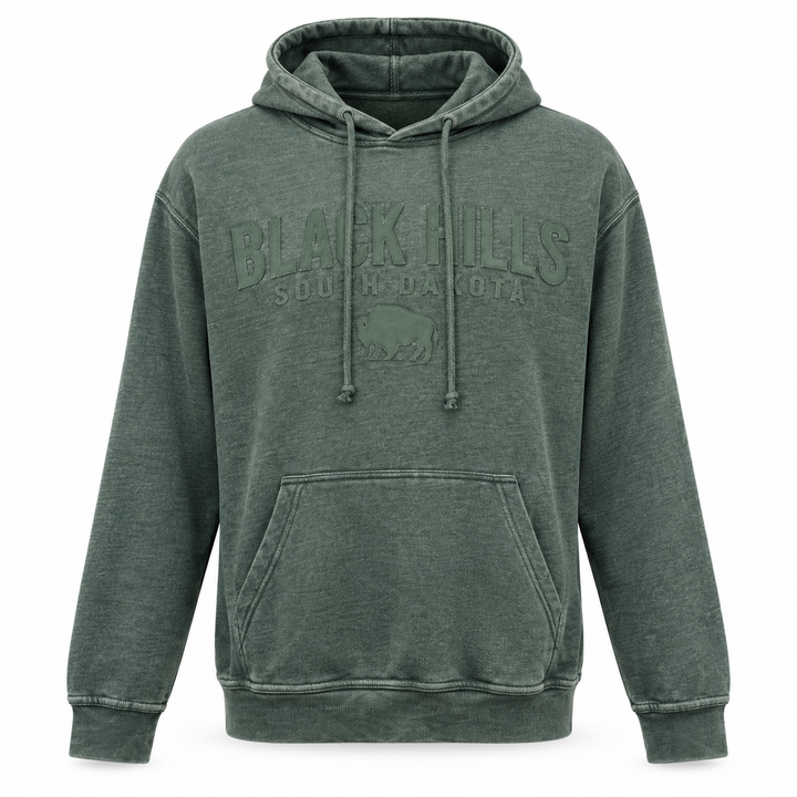 Green Black Hills Burnout Hoodie with soft tonal applique lettering and buffalo
