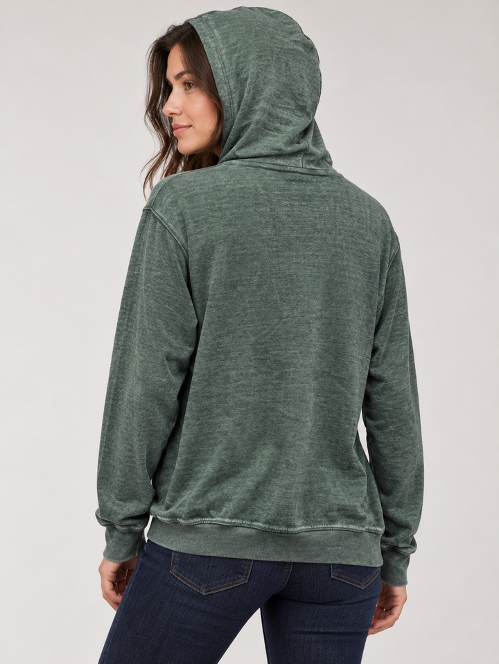 AI-generated model wearing green Black Hills Burnout Hoodie, rear with hood up