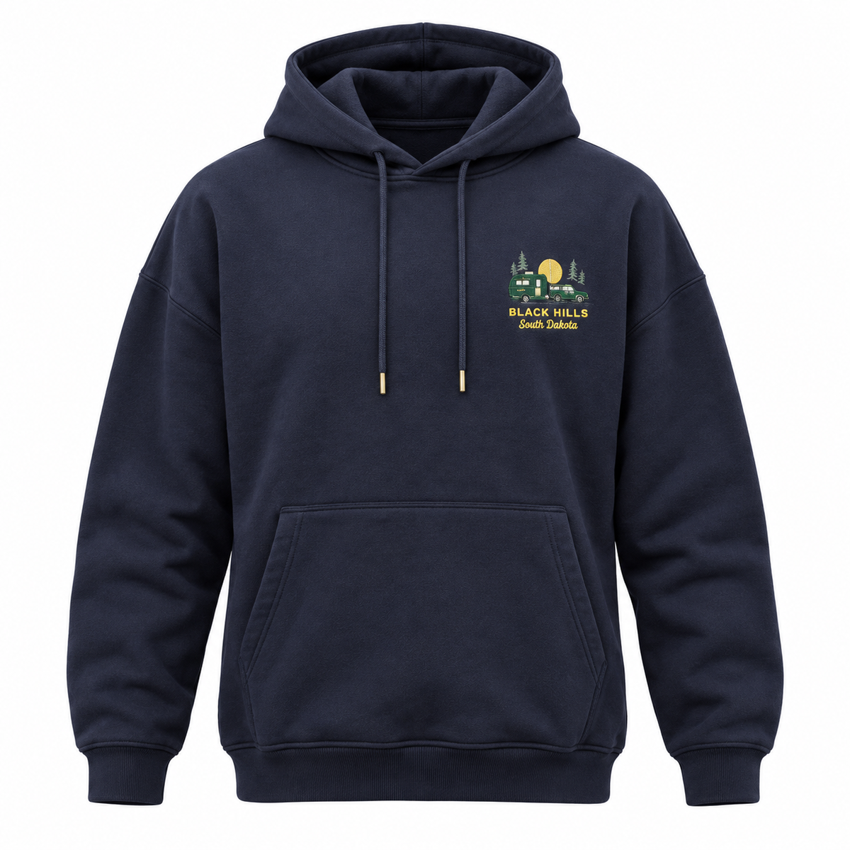 Black Hills Camper Soft Hoodie in navy — front camper chest design