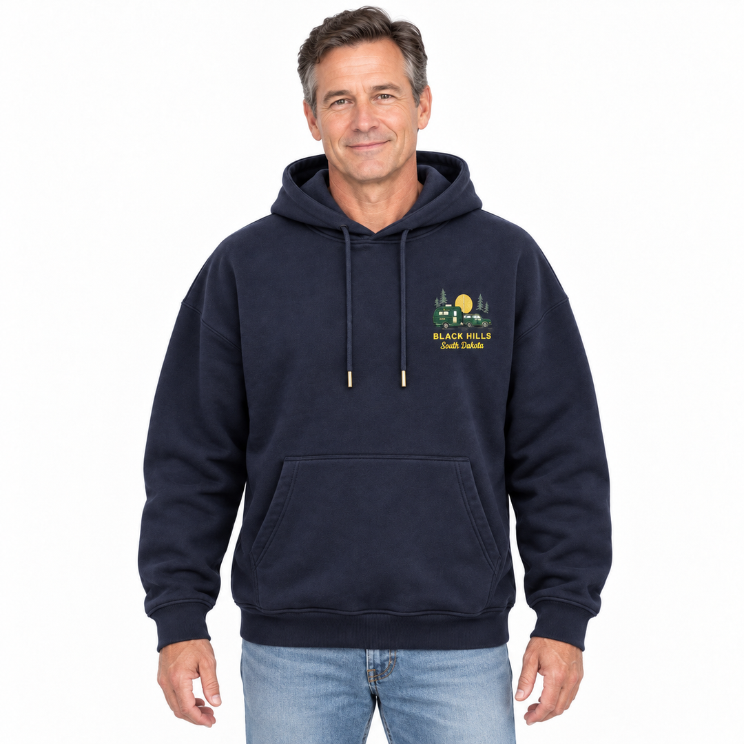Black Hills Camper Soft Hoodie in navy — front model styling preview