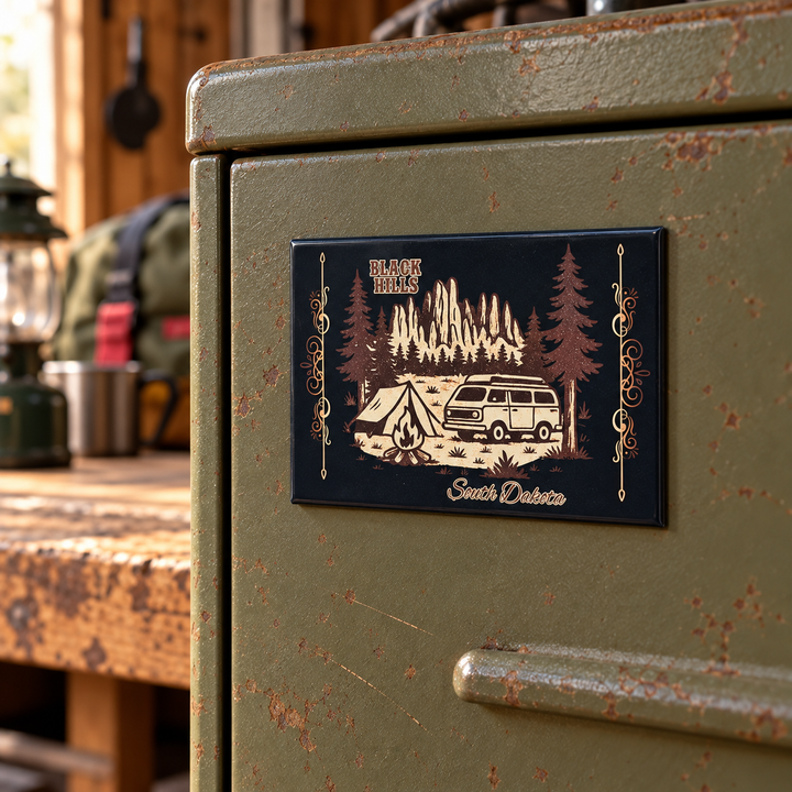 Black Hills camping magnet displayed on an olive metal garage cabinet