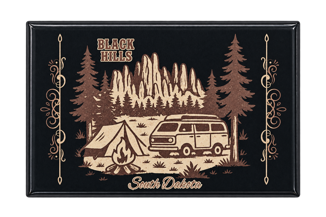Black Hills camping souvenir magnet with camper van tent and campfire in muted brown and cream