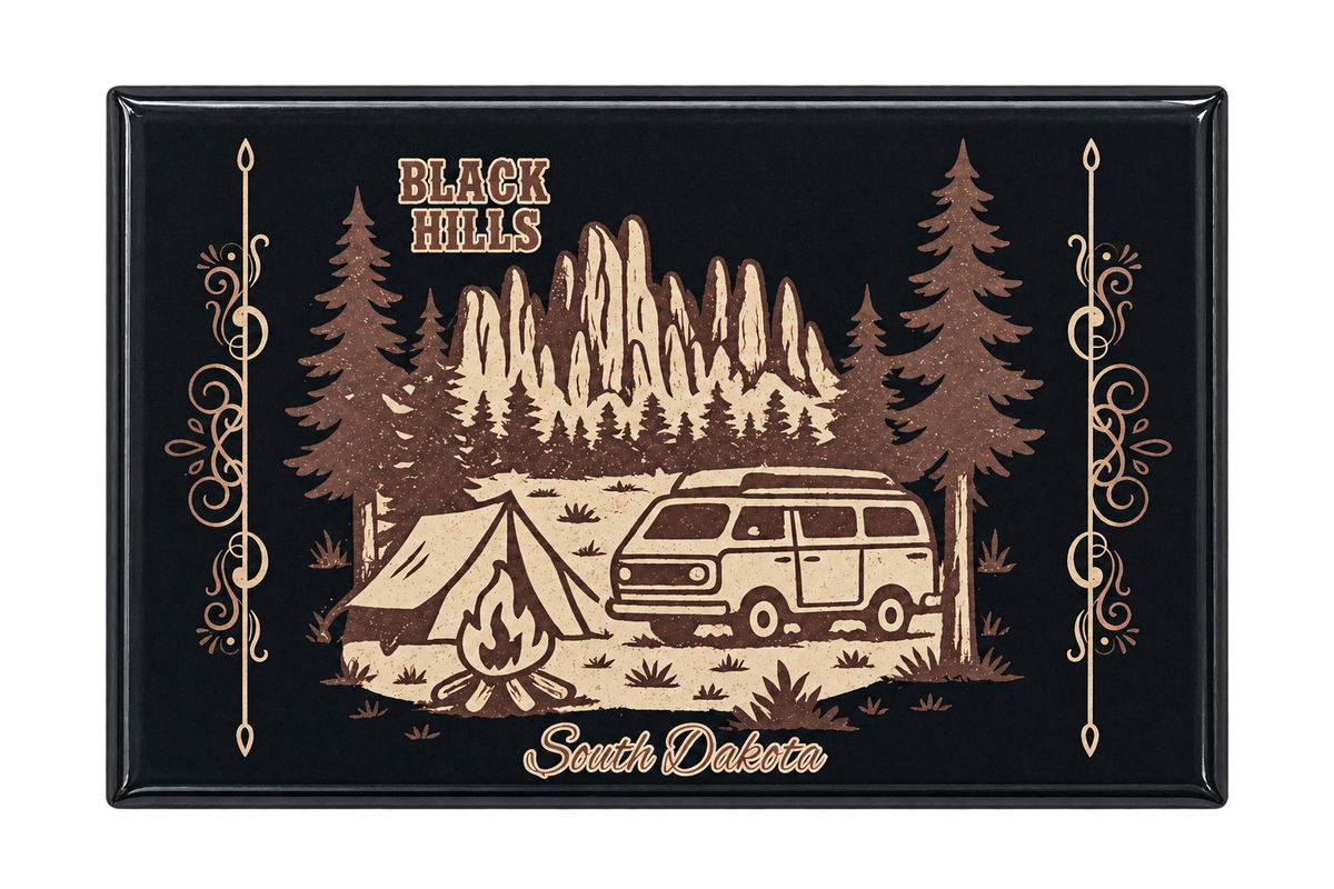 Black Hills camping souvenir magnet with camper van tent and campfire in muted brown and cream