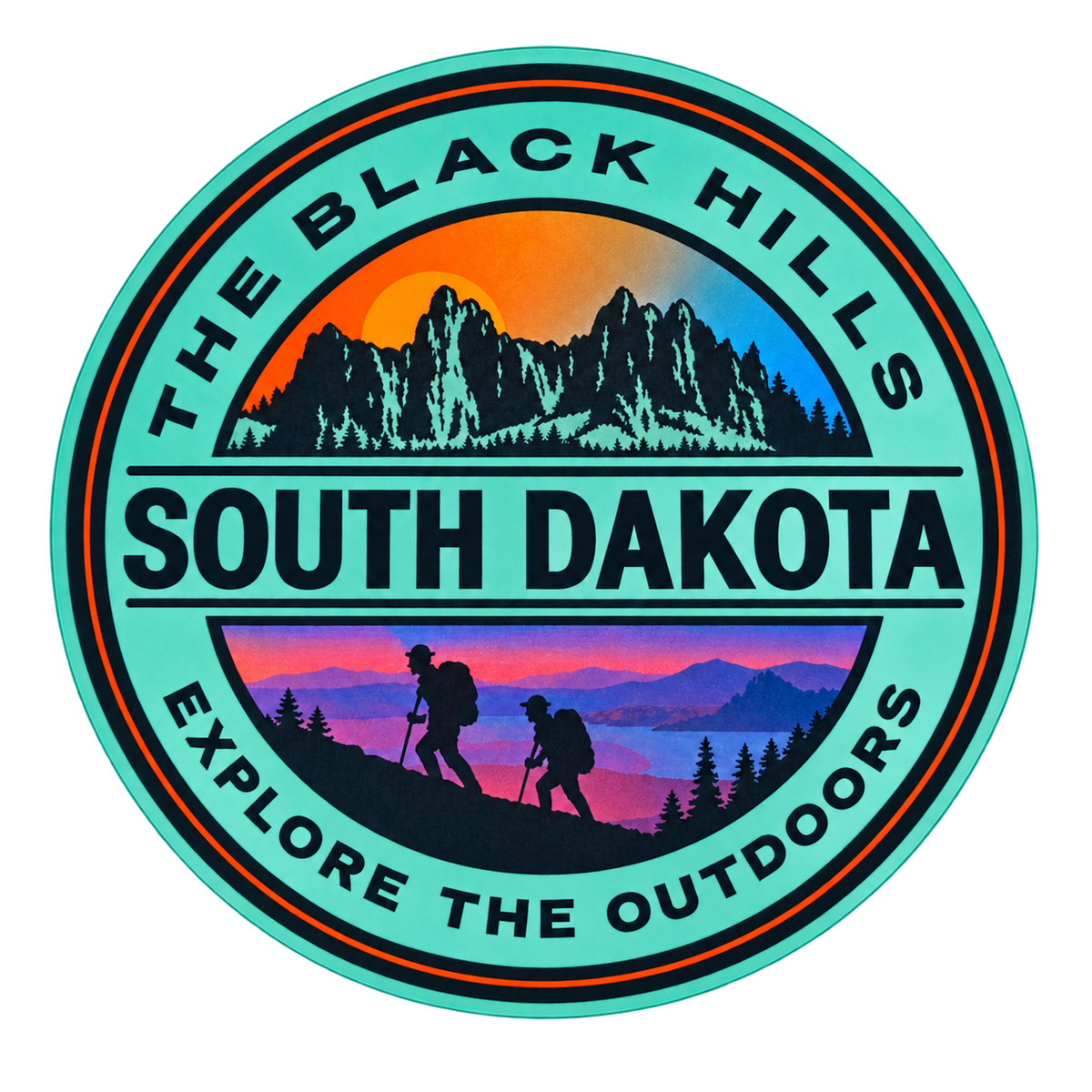 Black Hills Explore the Outdoors sticker with two backpacked hikers, transparent background