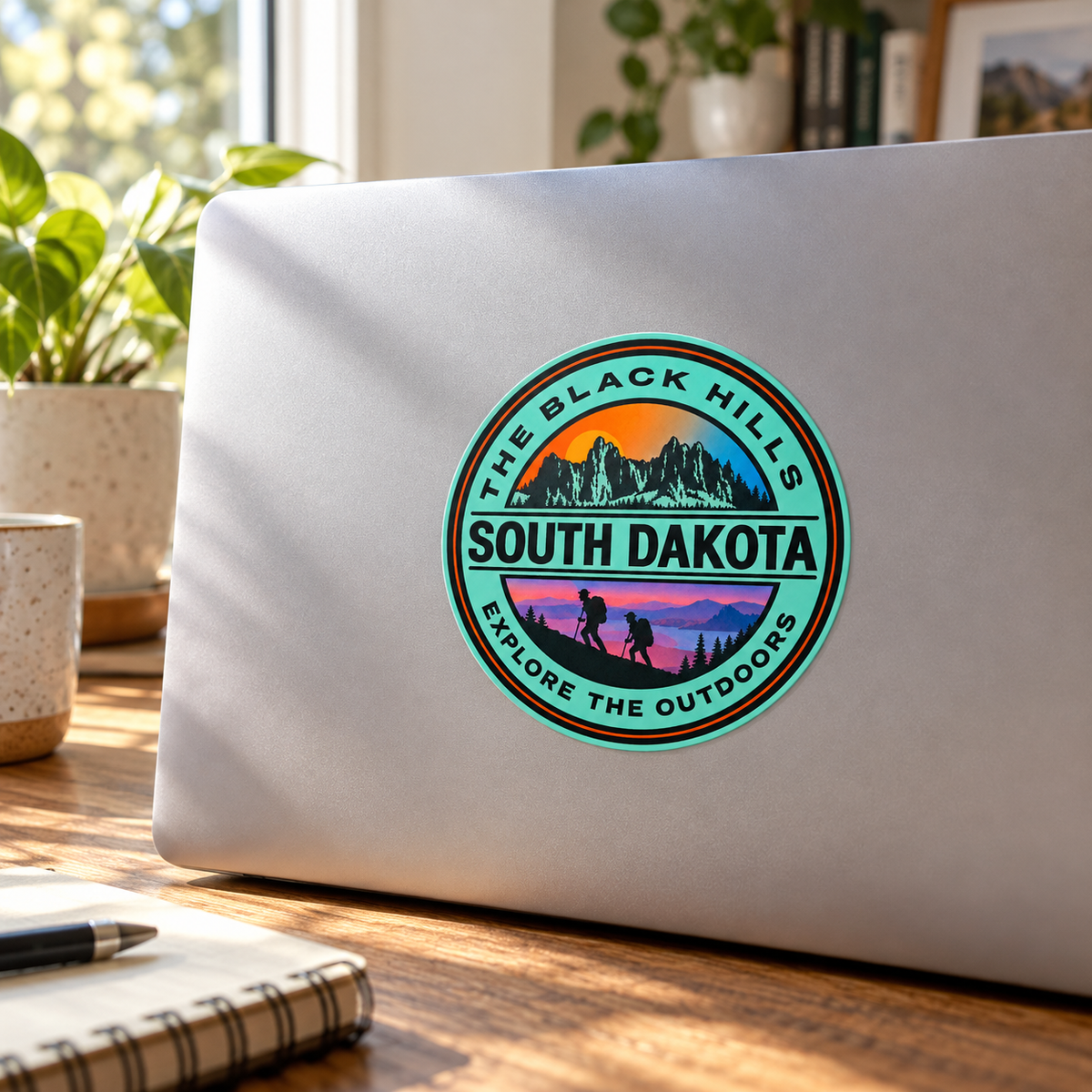 Black Hills Explore the Outdoors sticker on a laptop — lifestyle mockup
