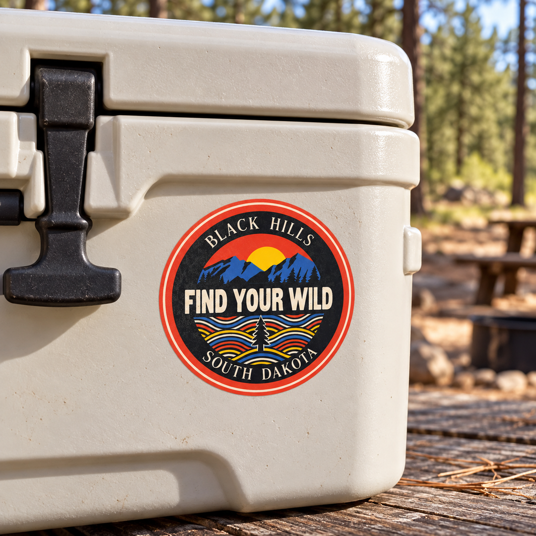 Black Hills Find Your Wild Sunset Round Sticker on a cooler — lifestyle mockup
