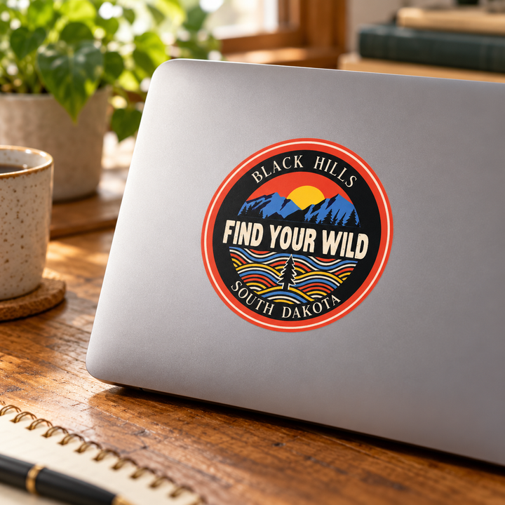 Black Hills Find Your Wild Sunset Round Sticker on a laptop — lifestyle mockup