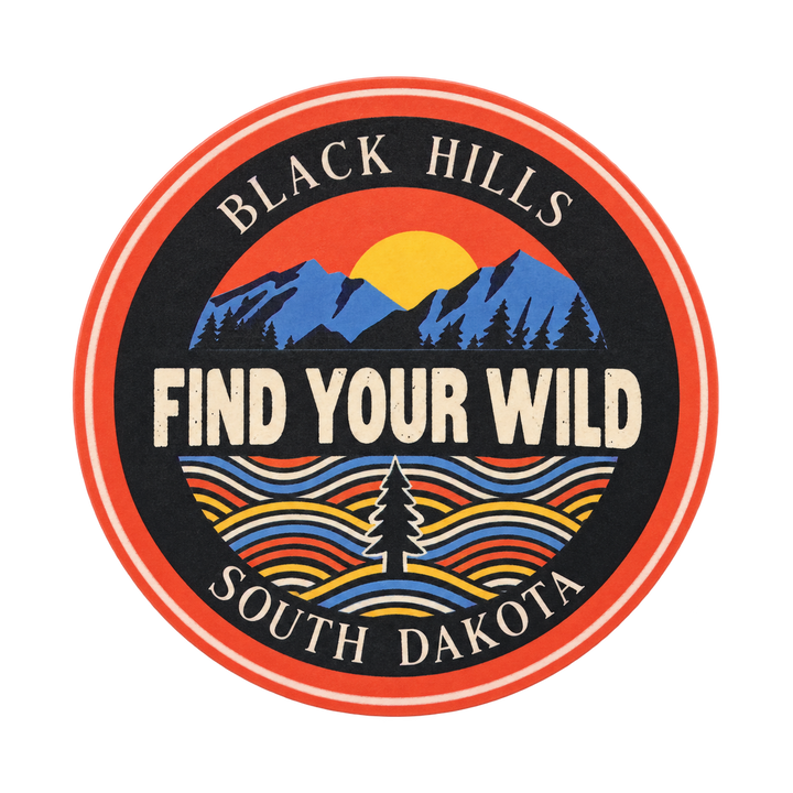 Black Hills Find Your Wild Sunset Round Sticker isolated on transparent background