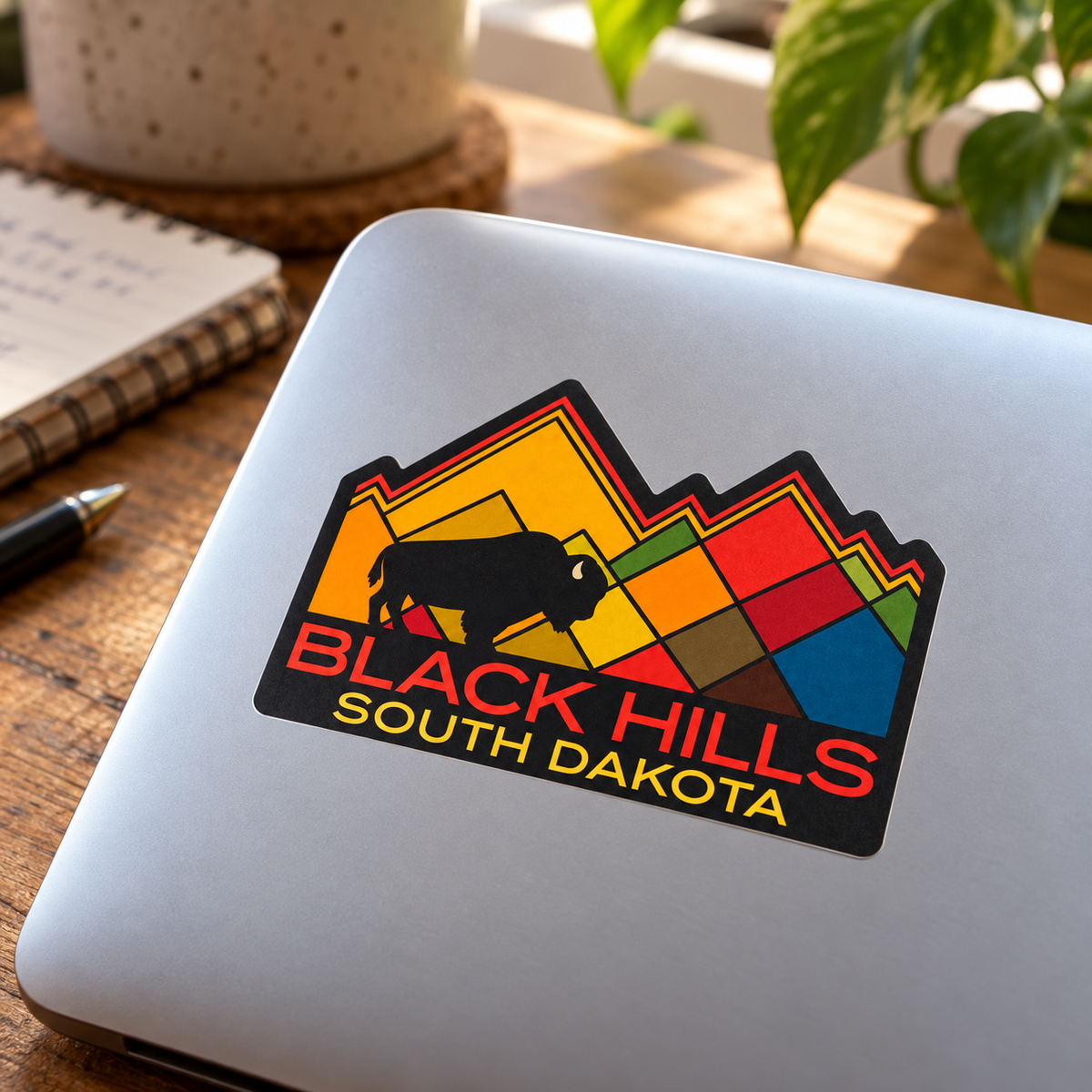 Black Hills Geometric Buffalo Mountain Sticker on a laptop — lifestyle mockup