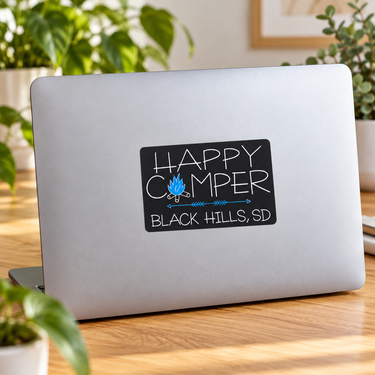 Black Hills Happy Camper Blue Campfire Sticker on a laptop — lifestyle display mockup