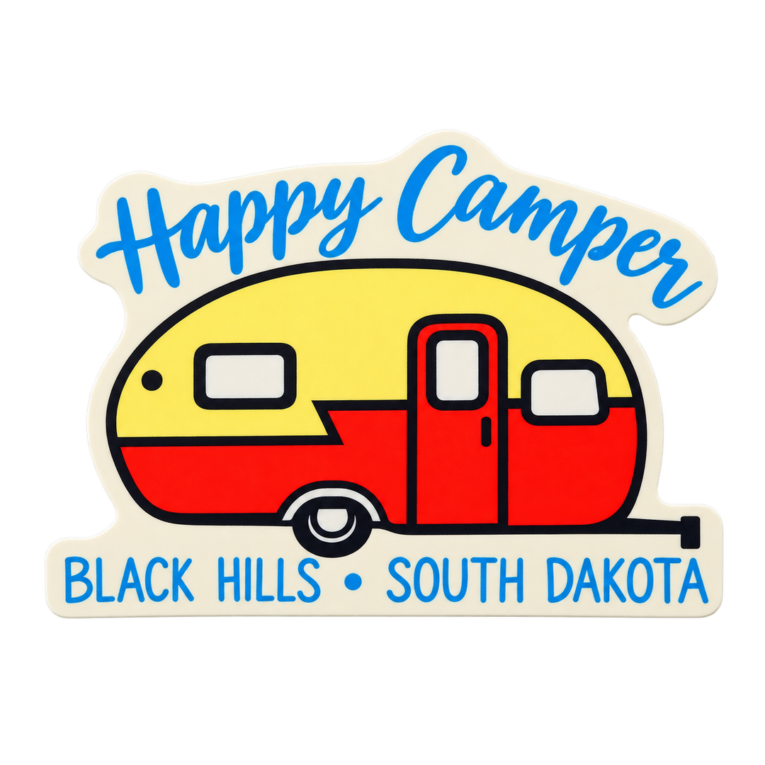 Black Hills Happy Camper Retro Trailer Sticker isolated on transparent background