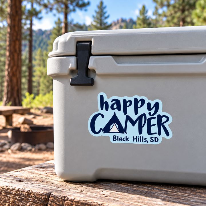 Black Hills Happy Camper Tent Lettering Sticker on a cooler — lifestyle display mockup