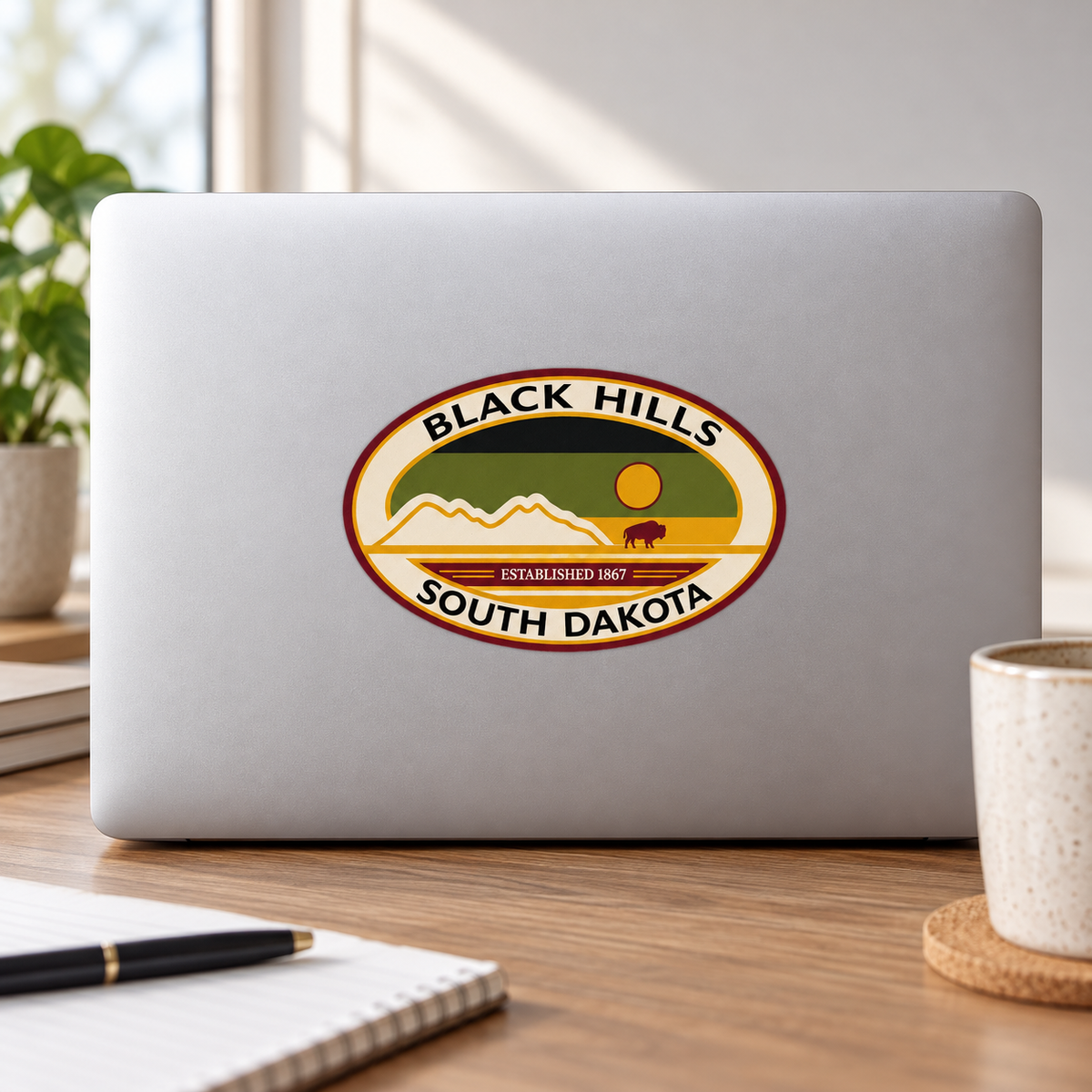 Black Hills Heritage Mountain & Bison Oval Sticker on a laptop — lifestyle display mockup; accessories not included