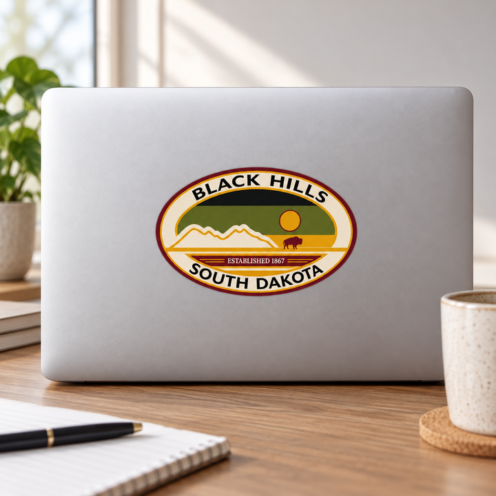 Black Hills Heritage Mountain &amp; Bison Oval Sticker on a laptop — lifestyle display mockup; accessories not included
