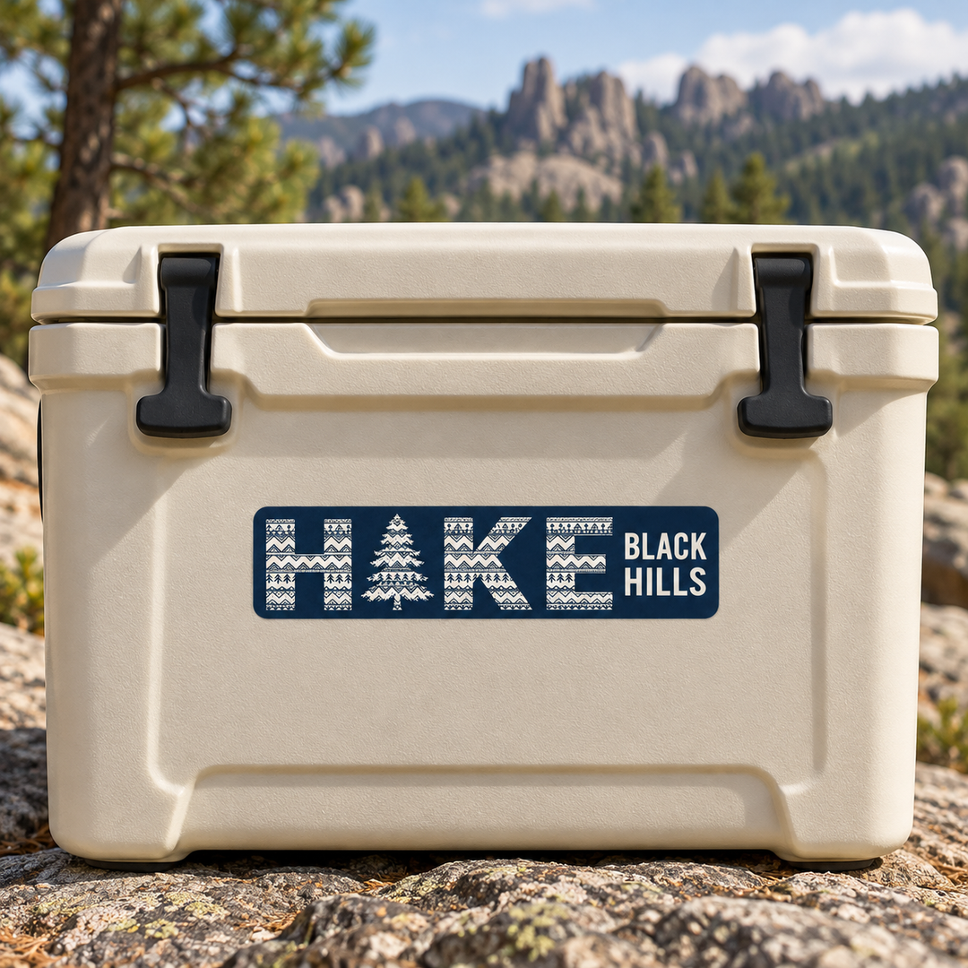 Black Hills HIKE Patterned Pine Tree Sticker on a cooler — lifestyle display mockup; accessories not included