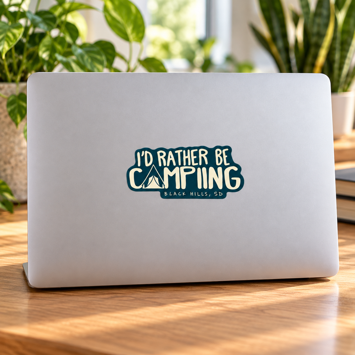 Black Hills I'd Rather Be Camping Sticker on a laptop — lifestyle display mockup